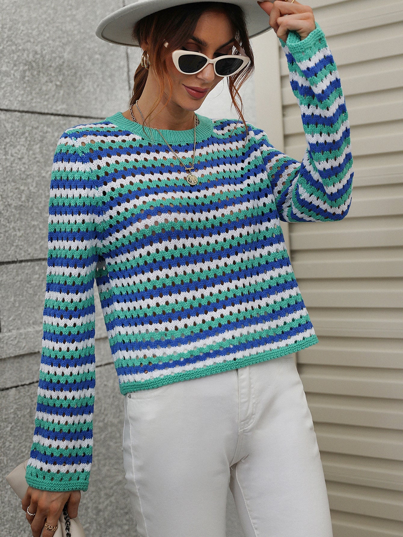 PERFORATED STRIPE PATTERN KNIT TOP - BLUE