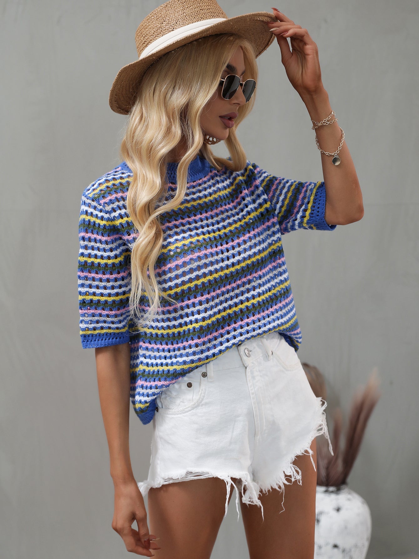 BEE CROCHET KNIT TOP - BLUE