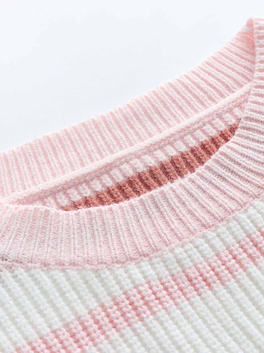 Calistally | Pink Blue Orange Stripe Crew Neck Knit Top
