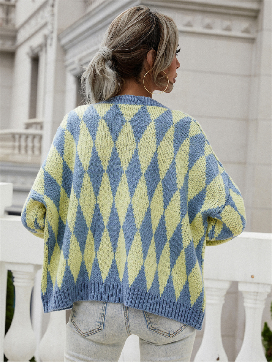 Calistally Doll | FELISE Chess Patterned Knit Cardigan - Blue
