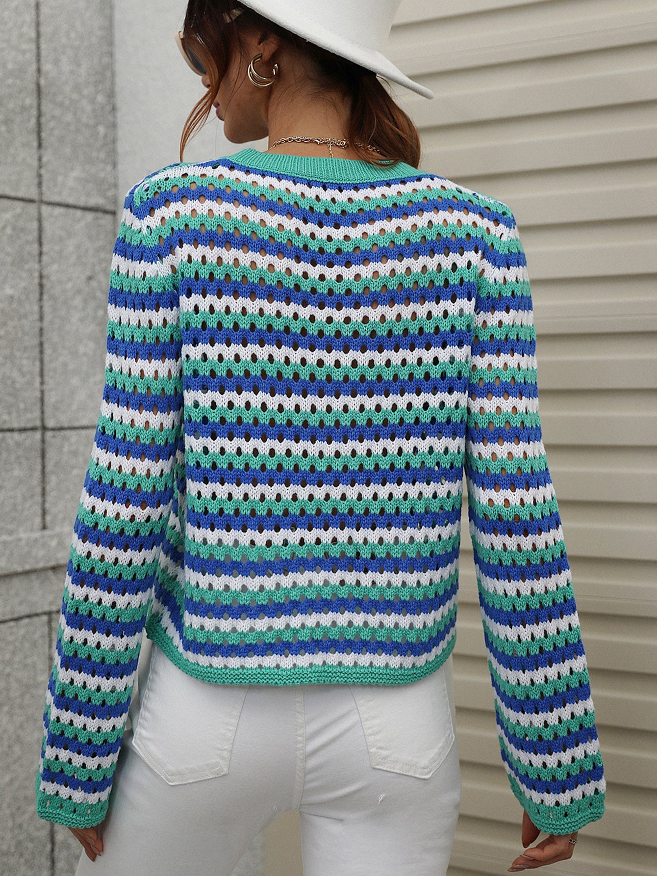 PERFORATED STRIPE PATTERN KNIT TOP - BLUE