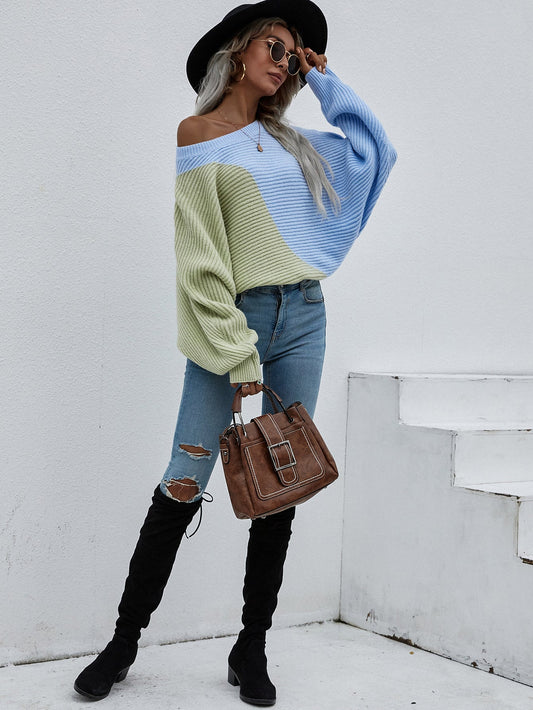 Calistally | GRANIA Batwing Sleeve Color Block Knit Sweater