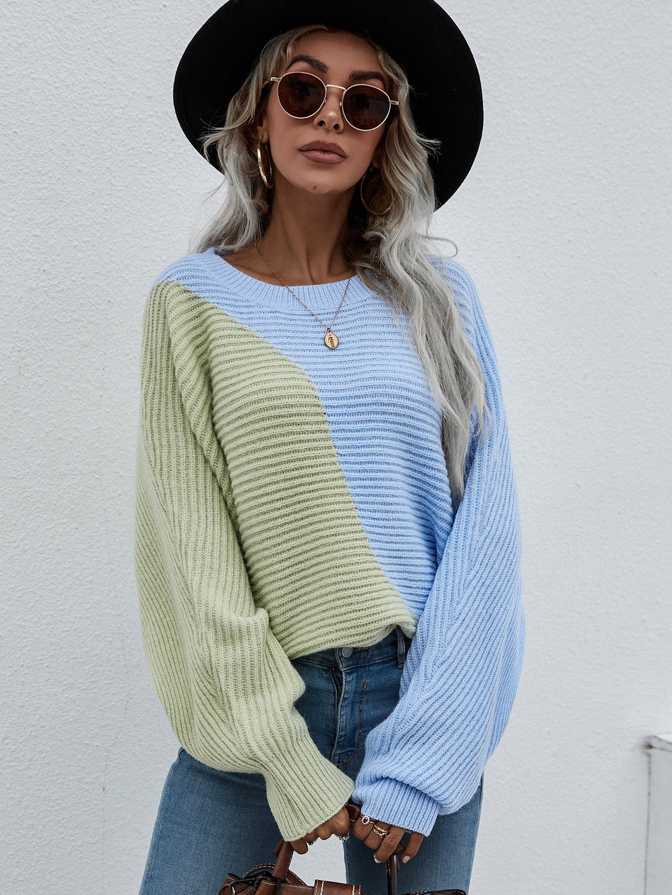Calistally | GRANIA Batwing Sleeve Color Block Knit Sweater