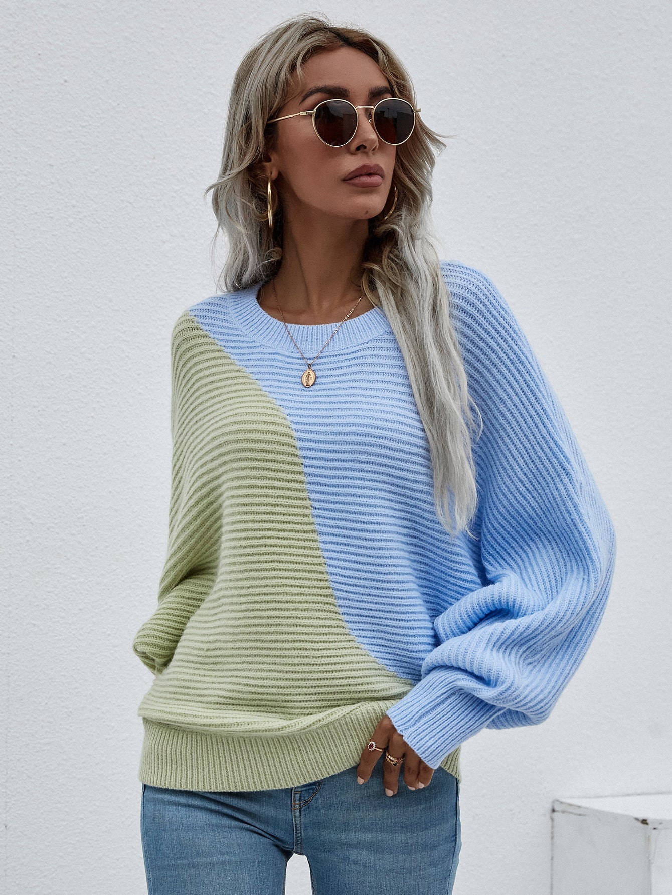 Calistally | GRANIA Batwing Sleeve Color Block Knit Sweater