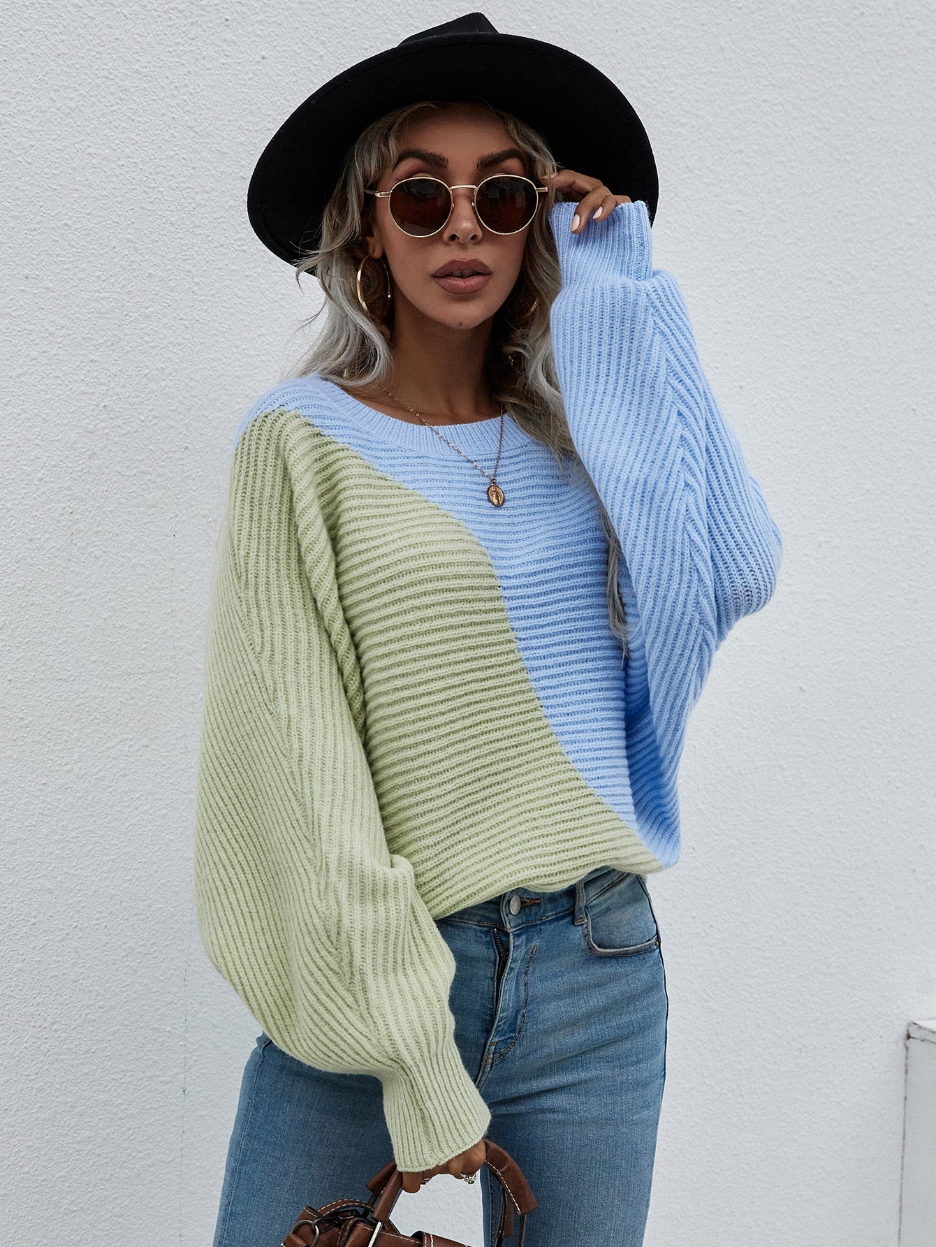 Calistally | GRANIA Batwing Sleeve Color Block Knit Sweater