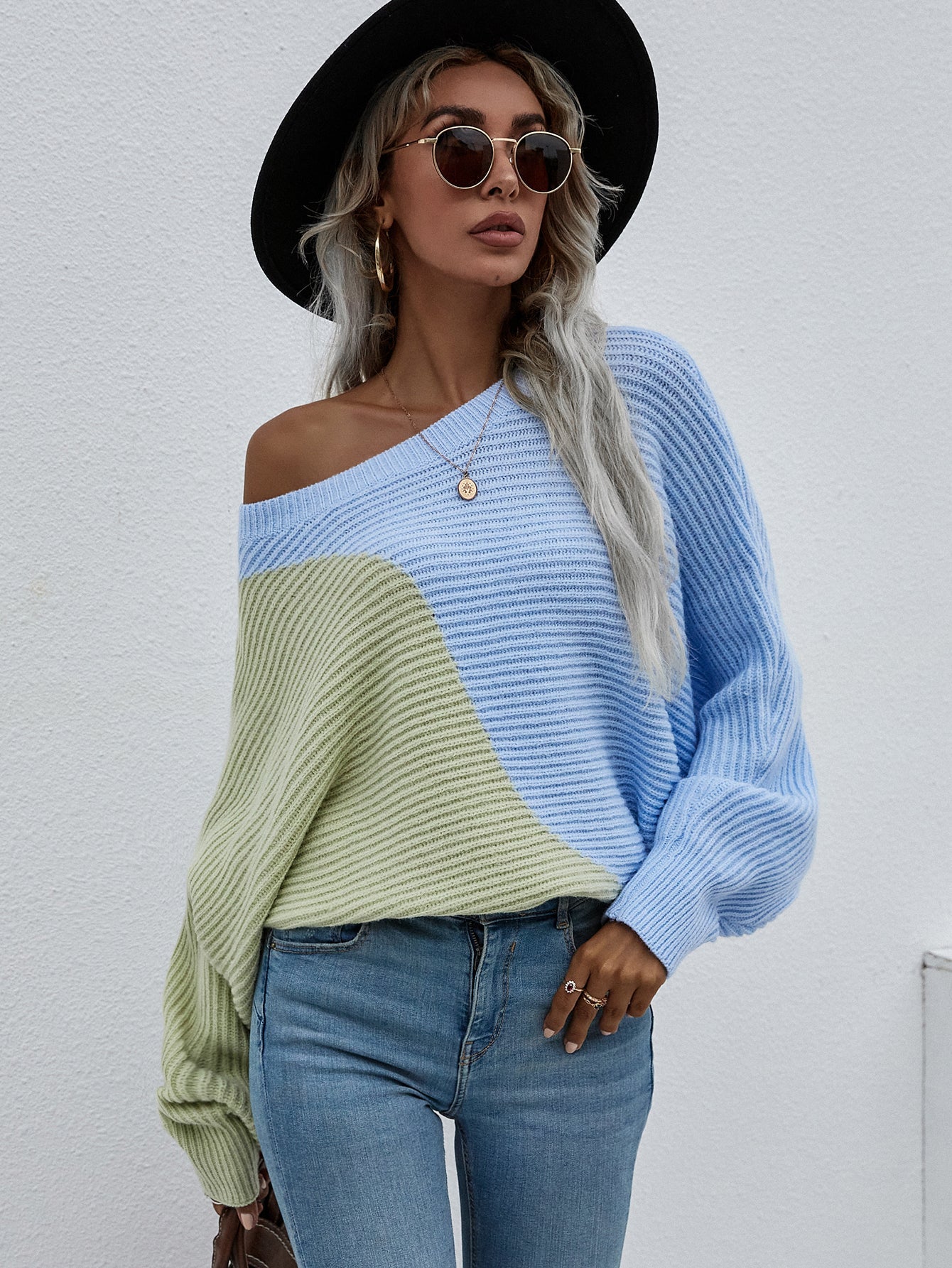 Calistally | GRANIA Batwing Sleeve Color Block Knit Sweater