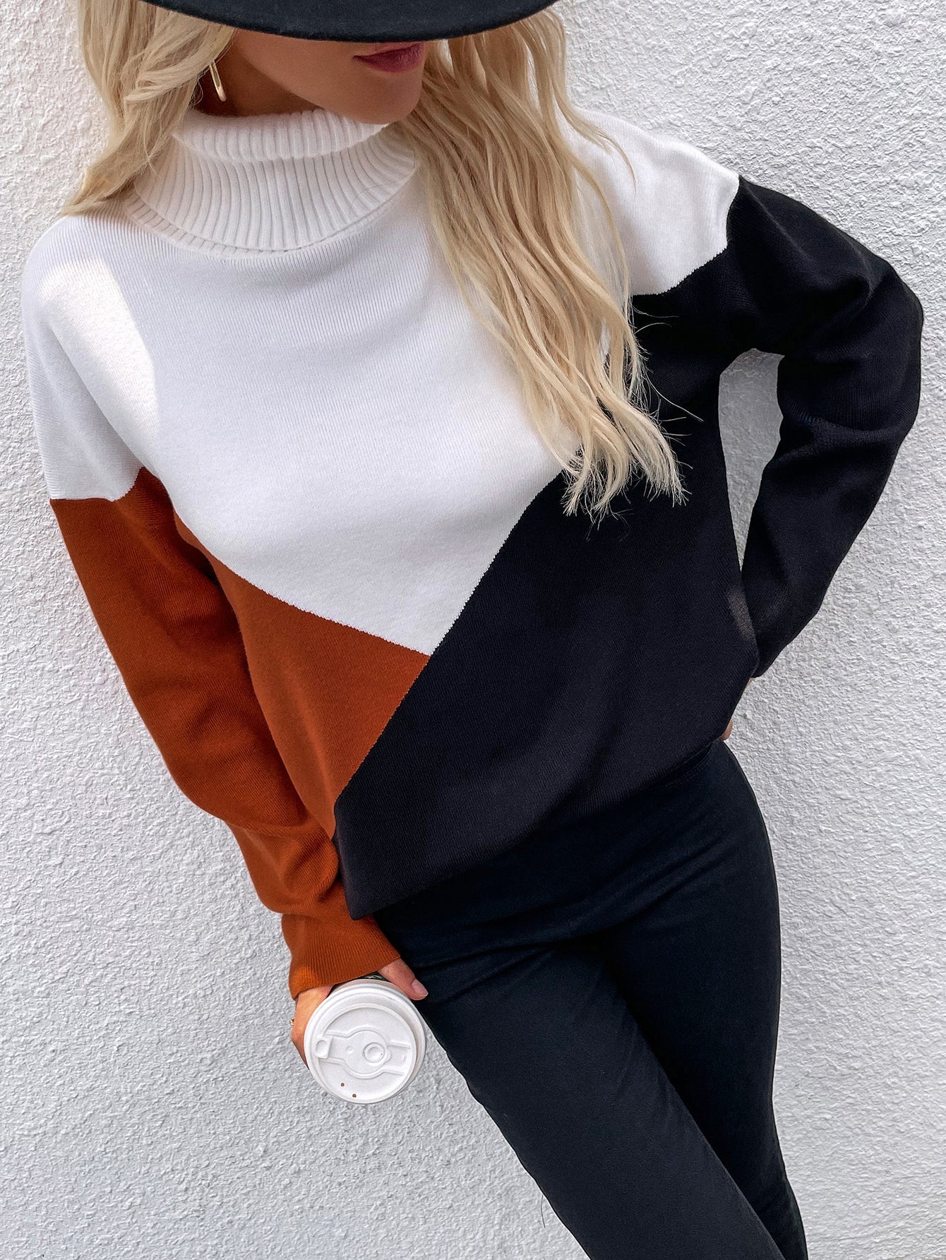 Calistally | DULCIE Brown Color Block Turtleneck Knit Sweater