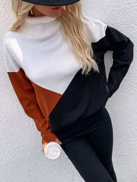 Calistally | DULCIE Brown Color Block Turtleneck Knit Sweater