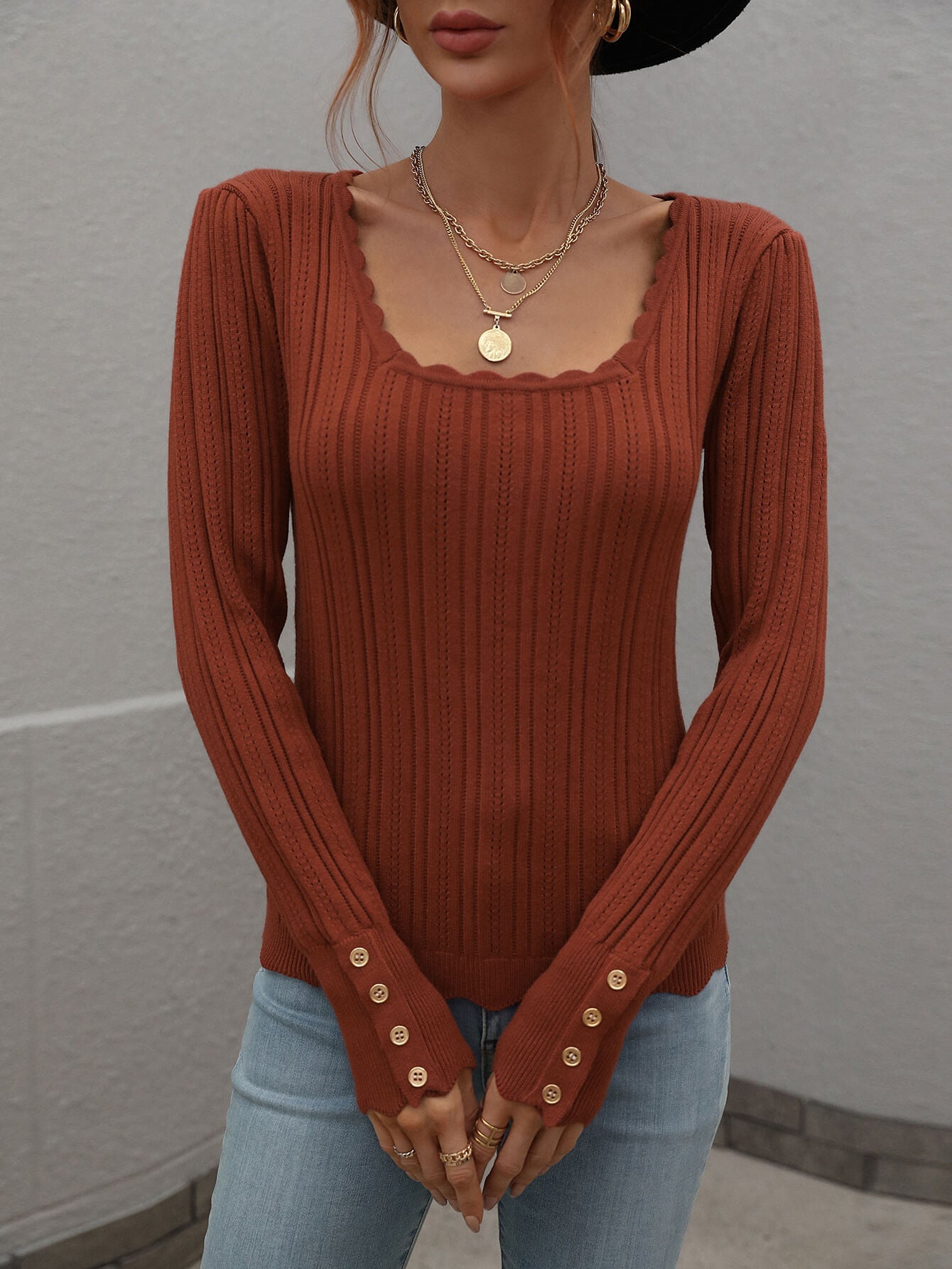 SHELL KNIT TOP - BROWN