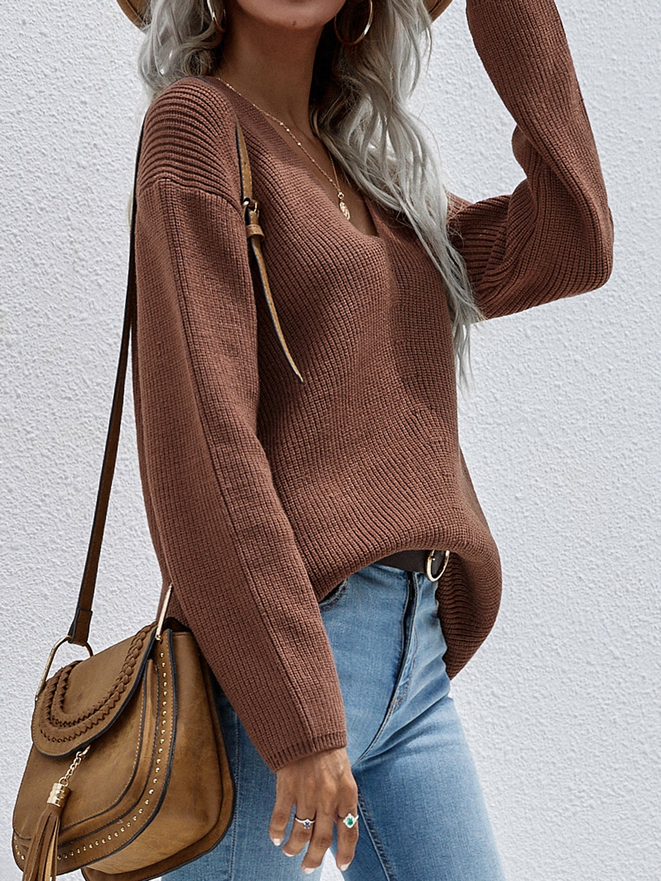 Calistally | Brown Marjorie V-neck Knit Sweater
