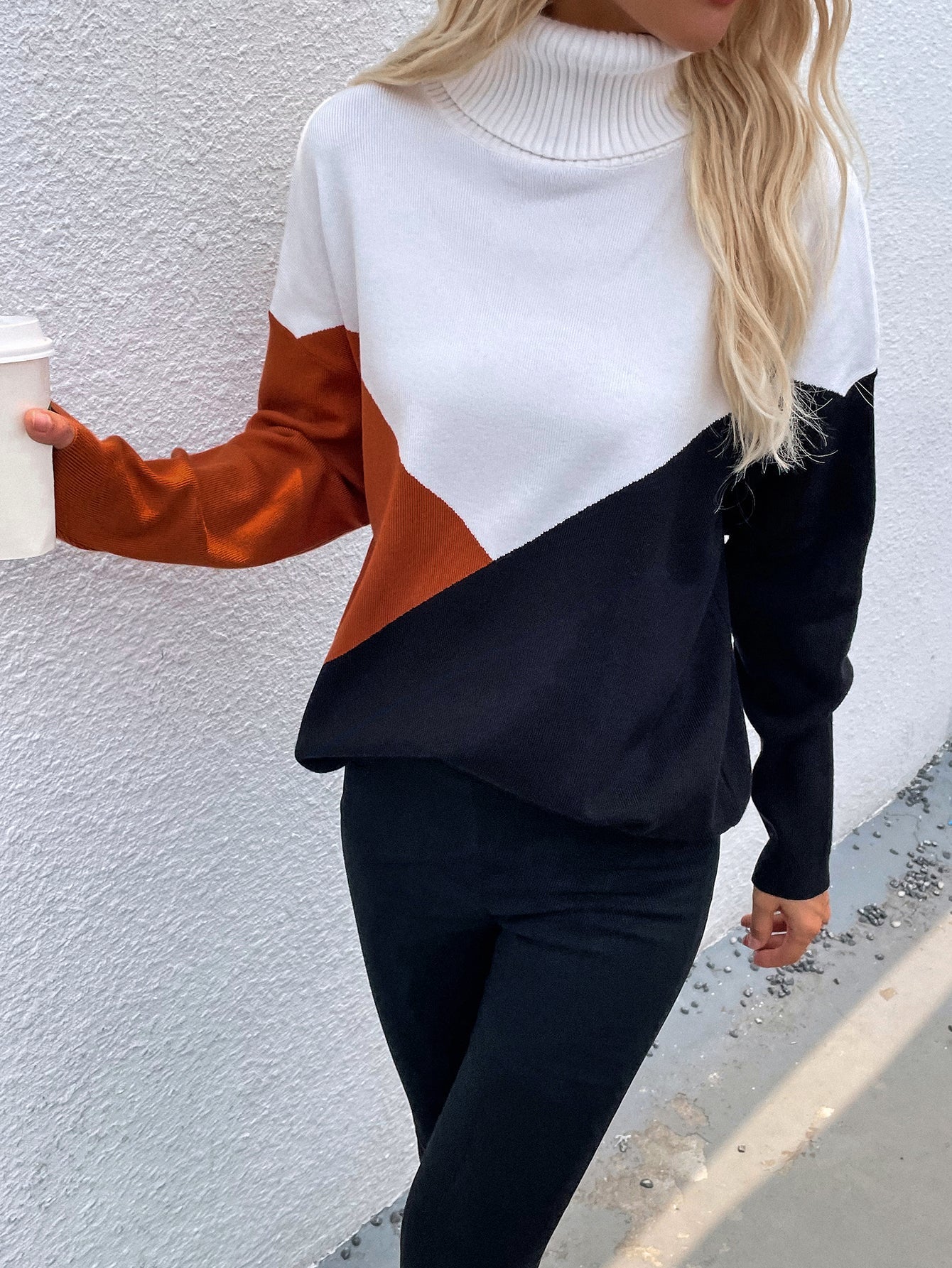 Calistally | DULCIE Brown Color Block Turtleneck Knit Sweater