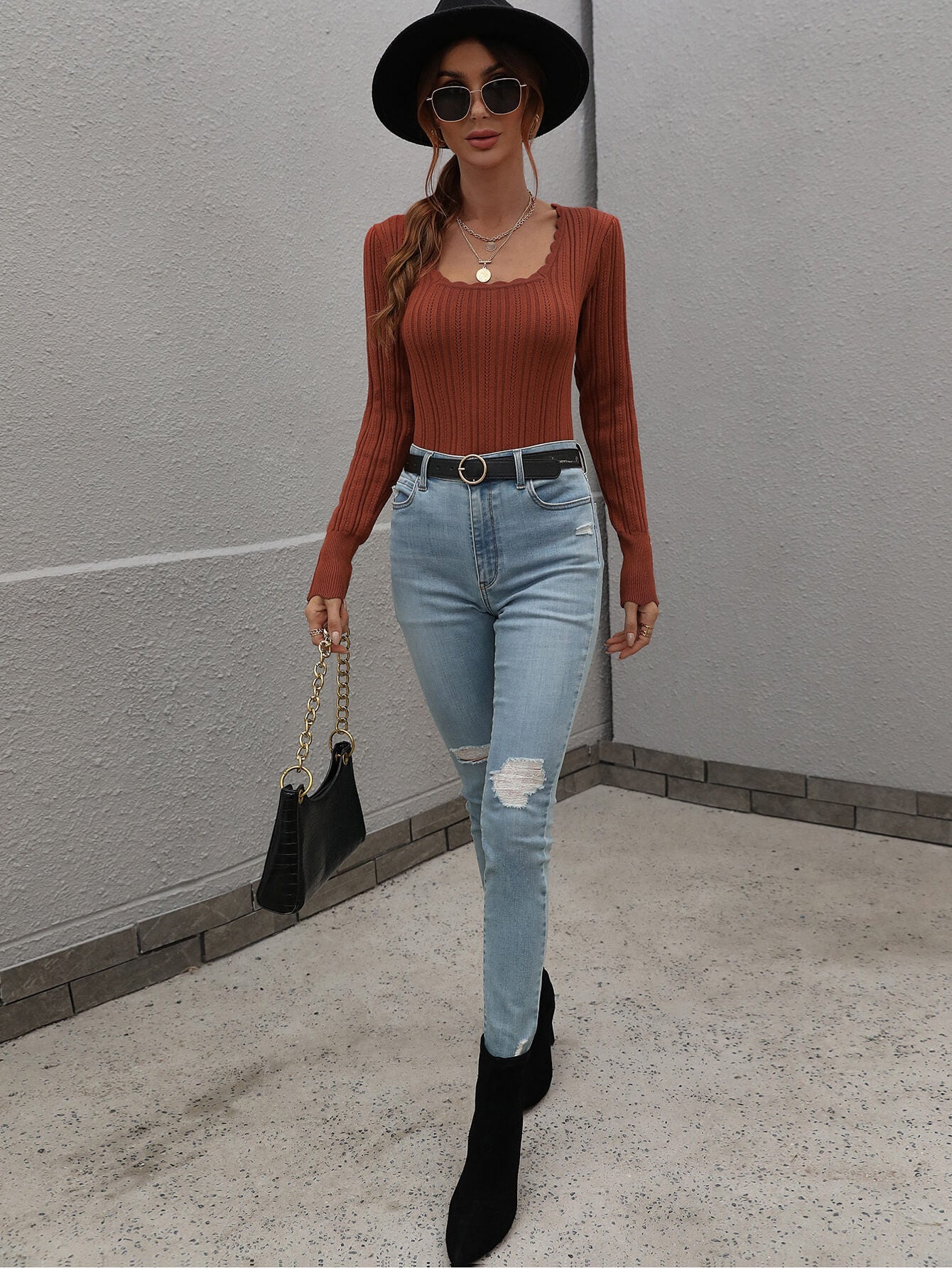 SHELL KNIT TOP - BROWN