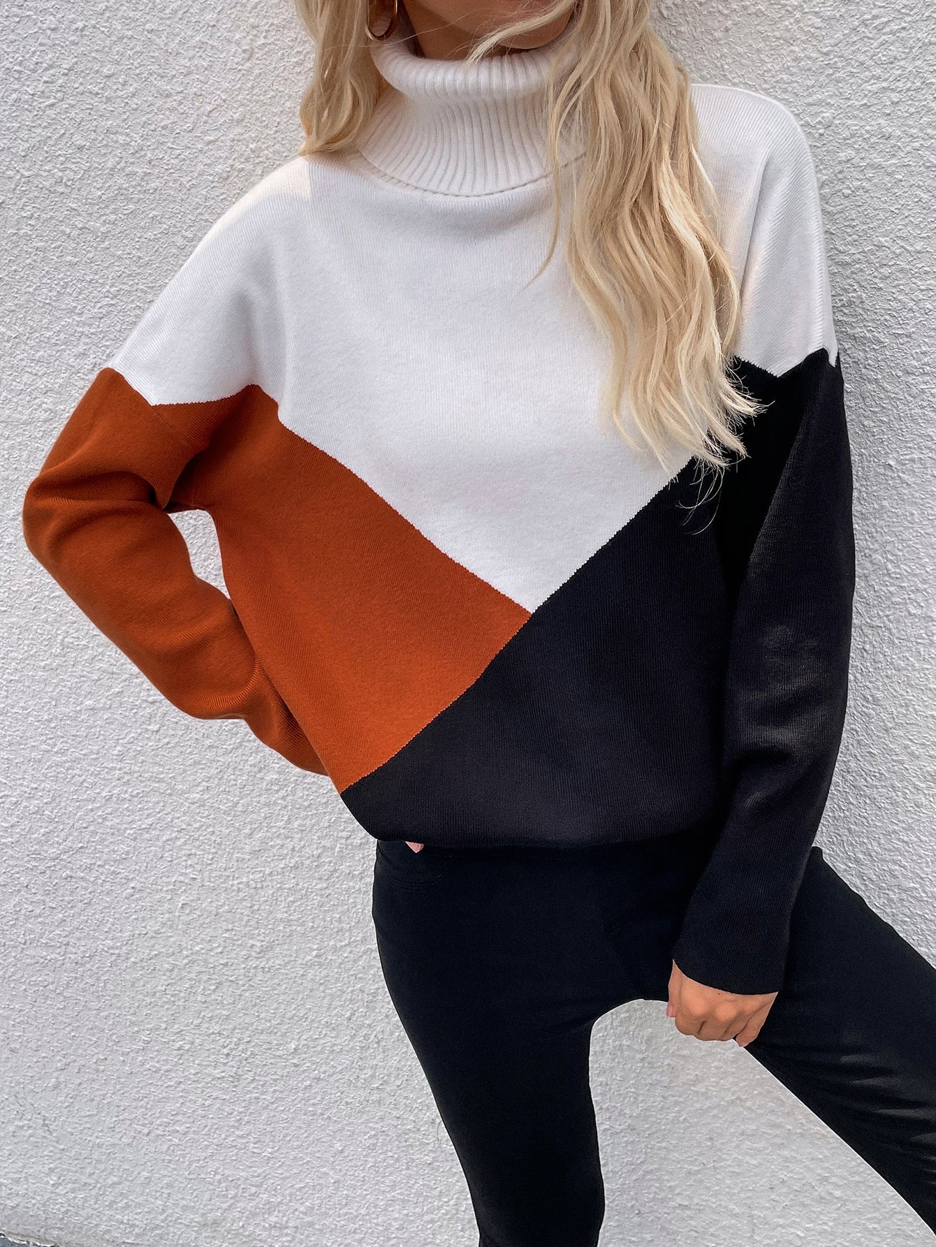 Calistally | DULCIE Brown Color Block Turtleneck Knit Sweater