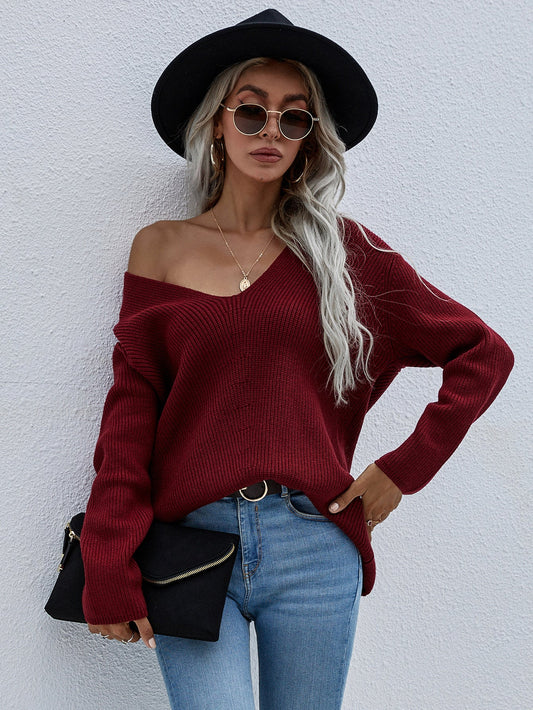 Calistally | Burgundy Marjorie V-neck Knit Sweater