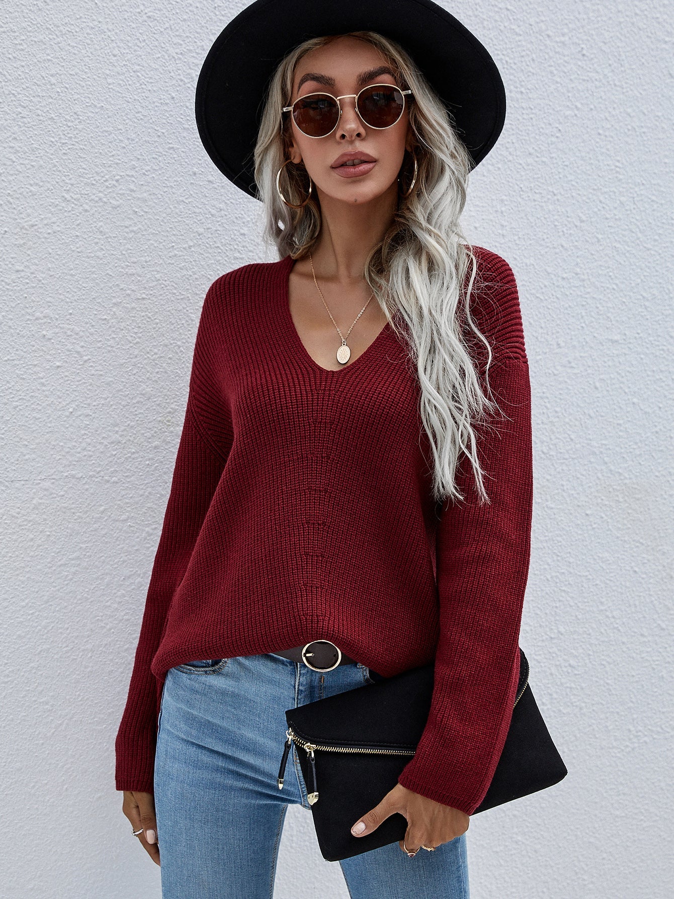 Calistally | Burgundy Marjorie V-neck Knit Sweater