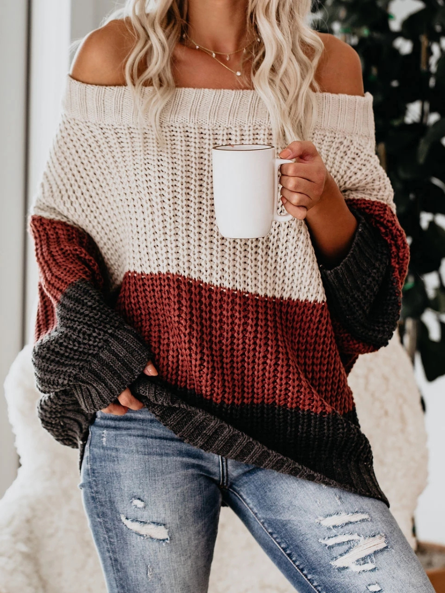 Calistally Doll | EVELINA Beige Claret Grey Tri-Stripe Color Knit Pullover
