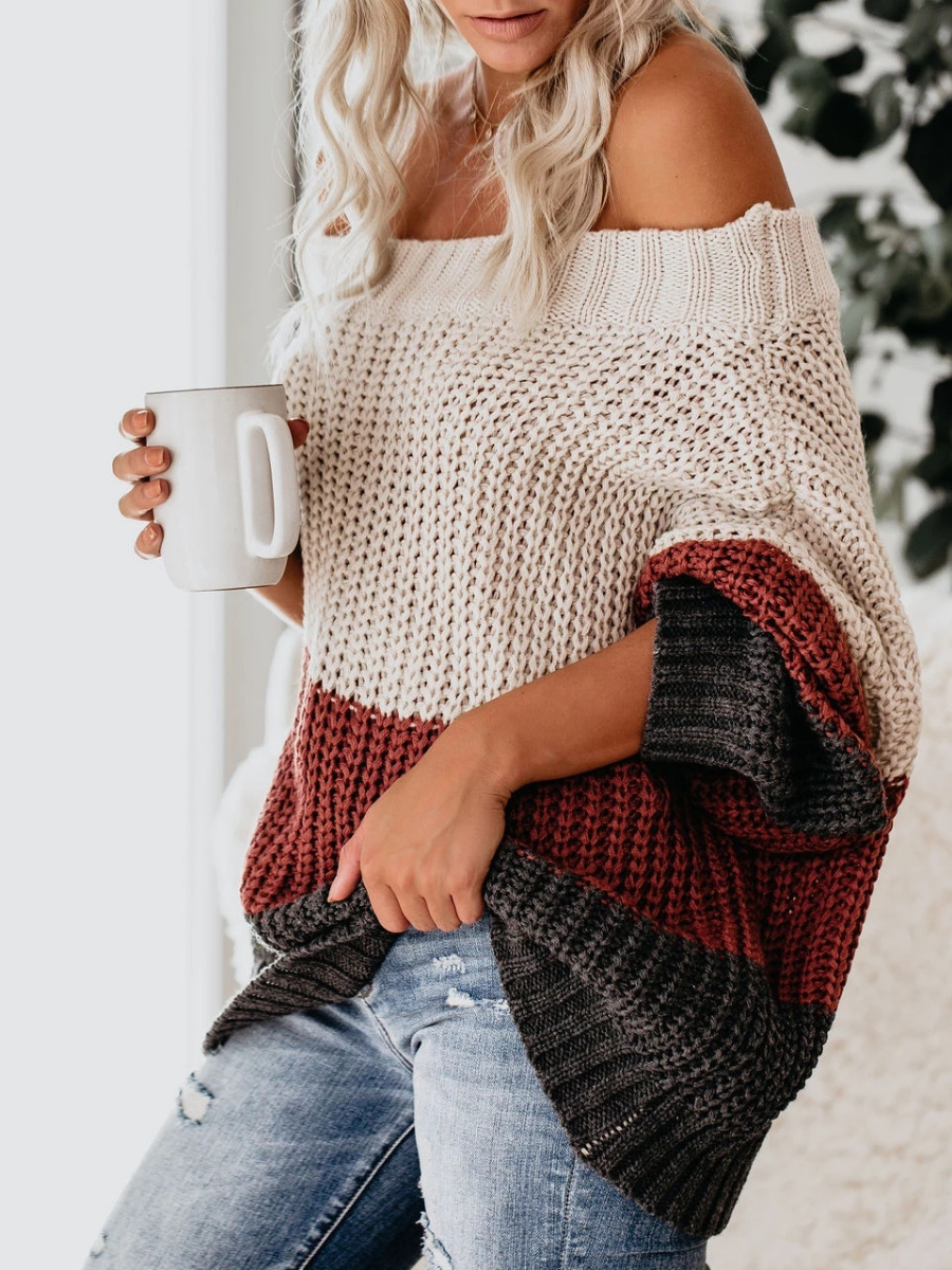 Calistally Doll | EVELINA Beige Claret Grey Tri-Stripe Color Knit Pullover