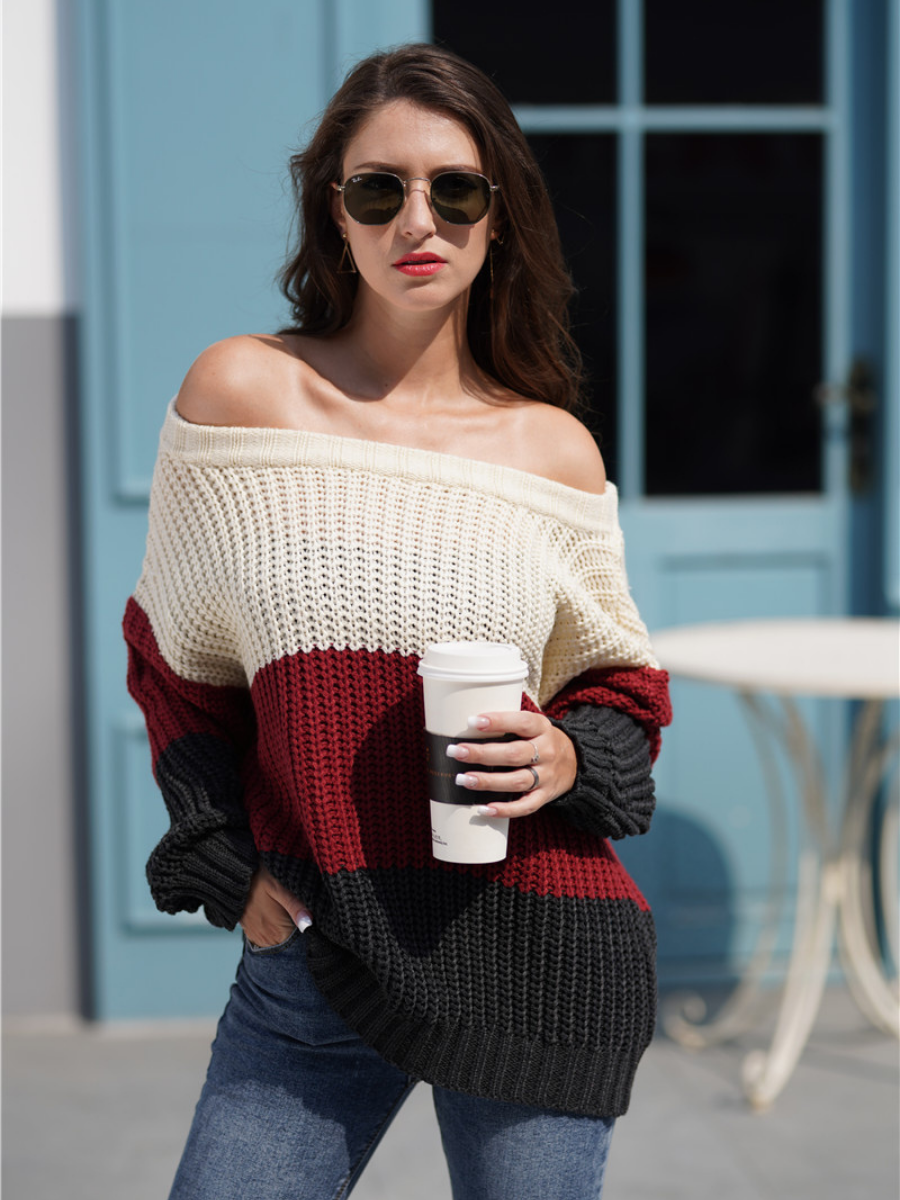 Calistally Doll | EVELINA Beige Claret Grey Tri-Stripe Color Knit Pullover