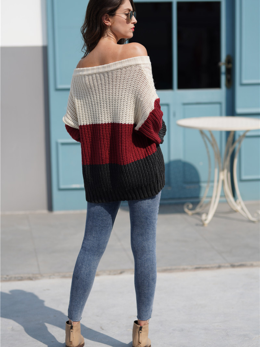 Calistally Doll | EVELINA Beige Claret Grey Tri-Stripe Color Knit Pullover