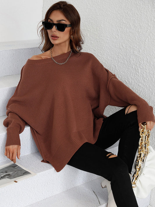 OVERSIZED BATWING SLEEVE KNIT SWEATER - COFFEE