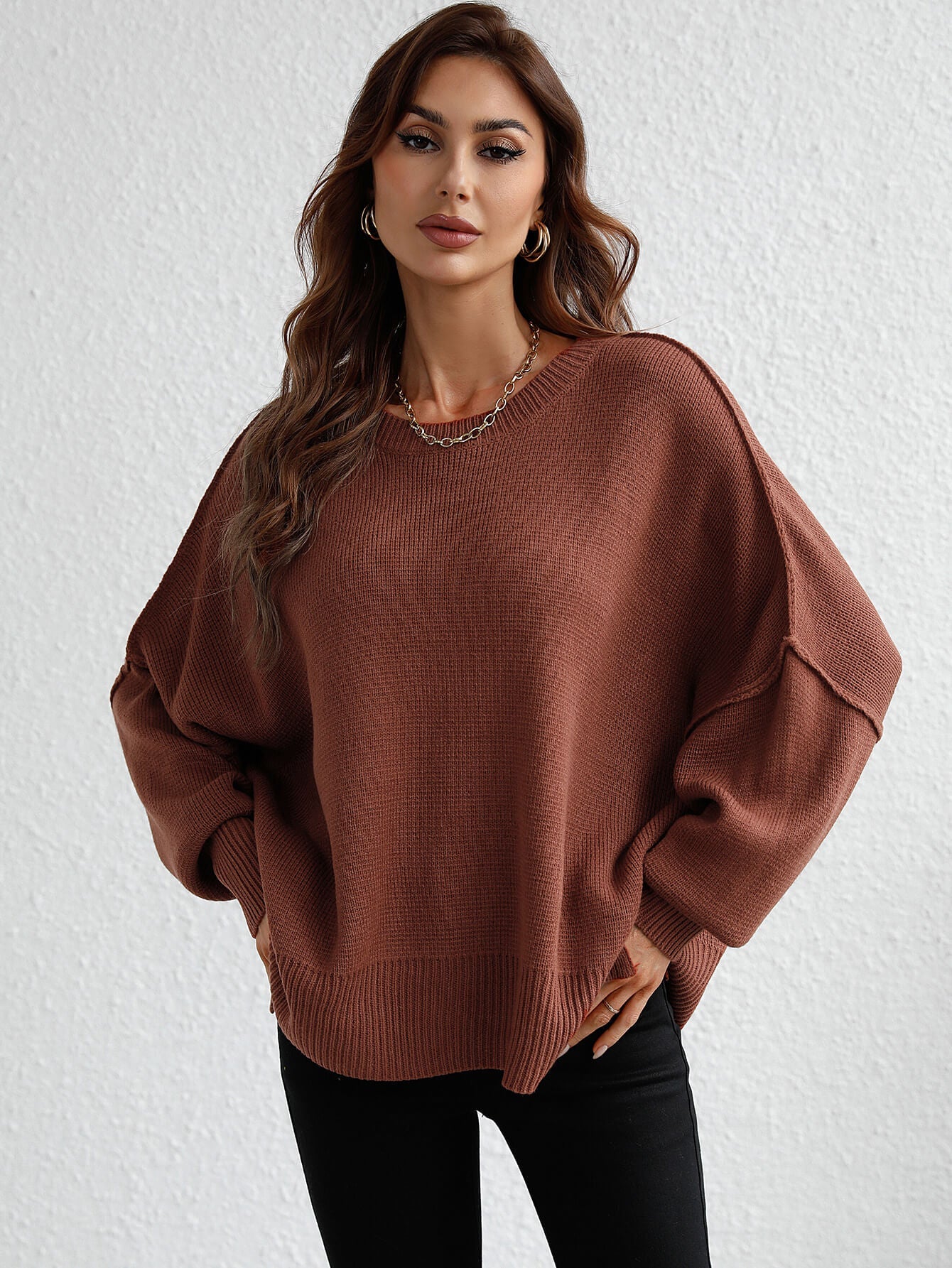OVERSIZED BATWING SLEEVE KNIT SWEATER - COFFEE
