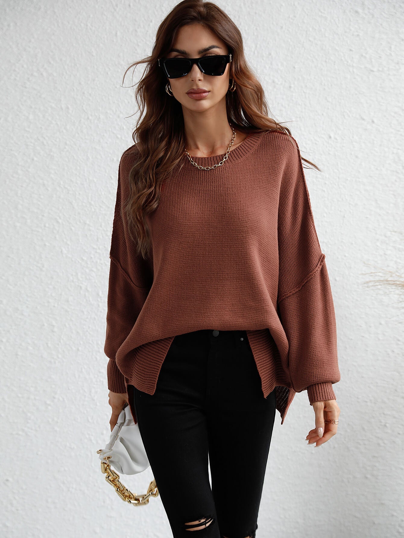 OVERSIZED BATWING SLEEVE KNIT SWEATER - COFFEE