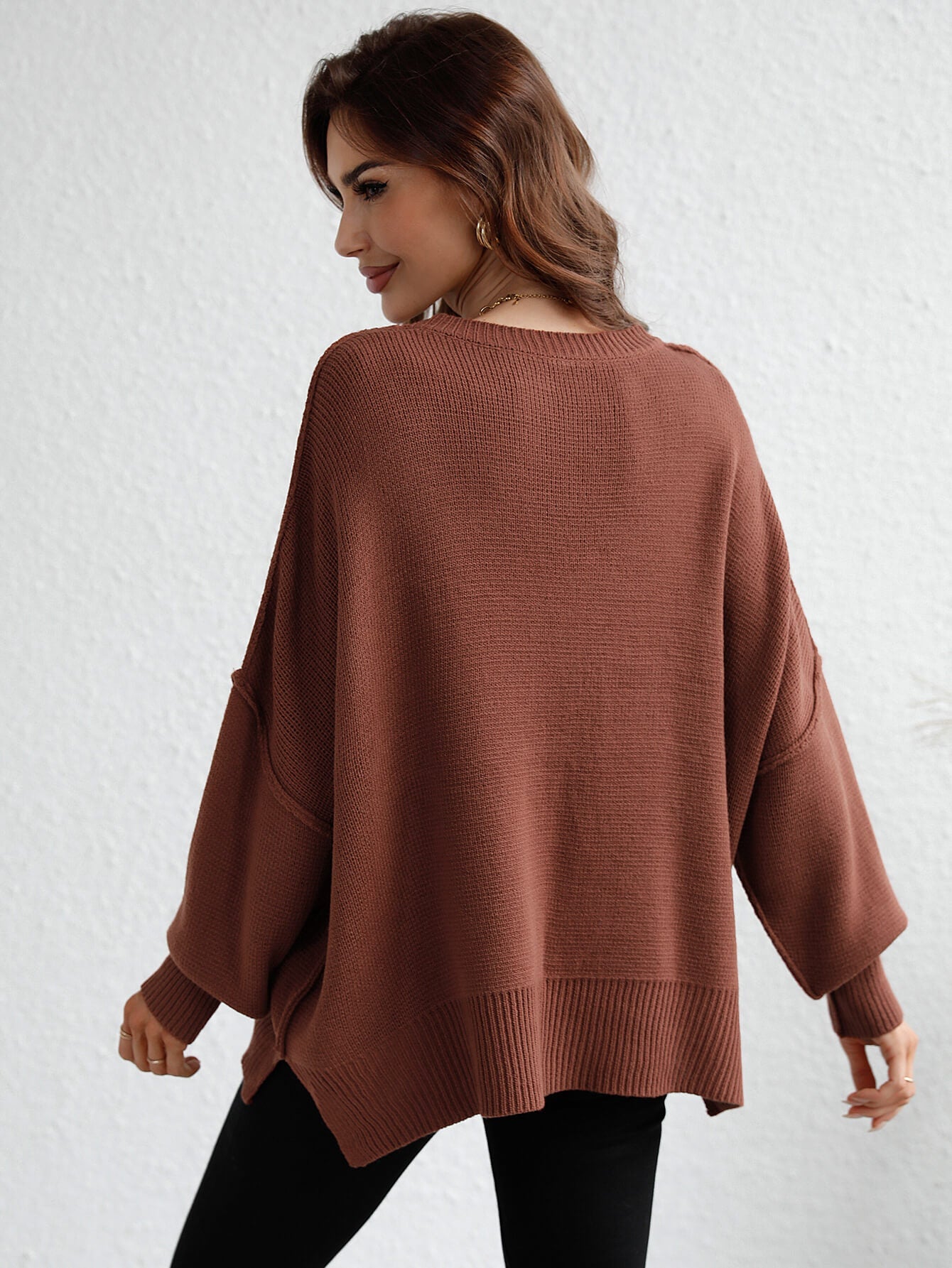 OVERSIZED BATWING SLEEVE KNIT SWEATER - COFFEE
