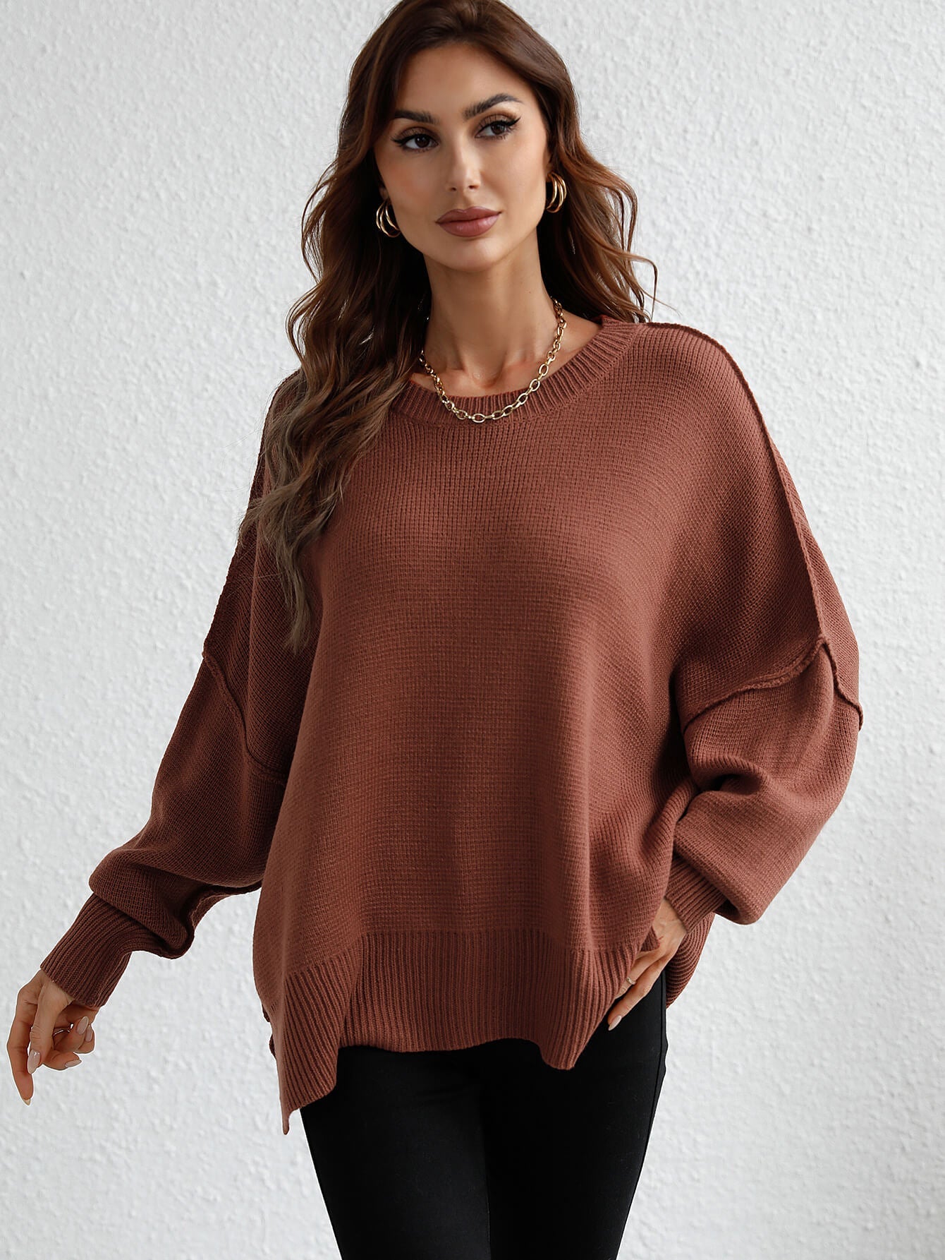 OVERSIZED BATWING SLEEVE KNIT SWEATER - COFFEE