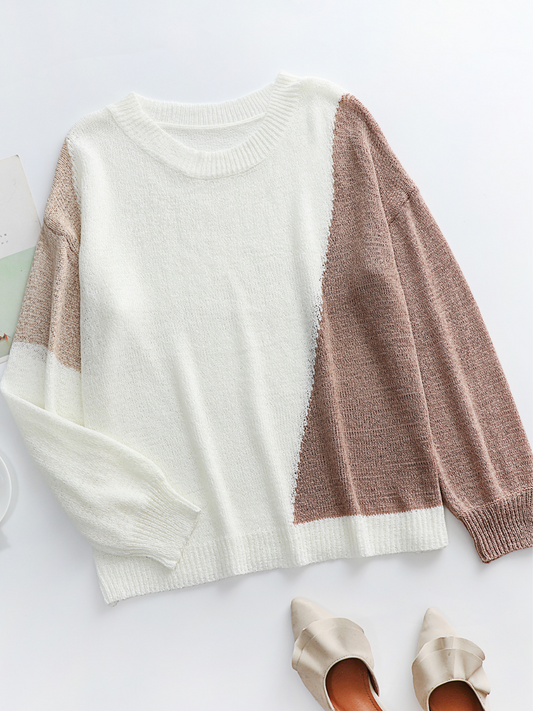 Calistally | GRANIA Two Tone Color Block Knit Sweater - Cream