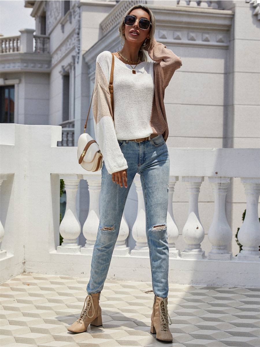 Calistally | GRANIA Two Tone Color Block Knit Sweater - Cream