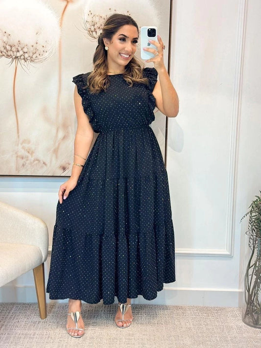 Black Ruffled Sleeve Midi Dress