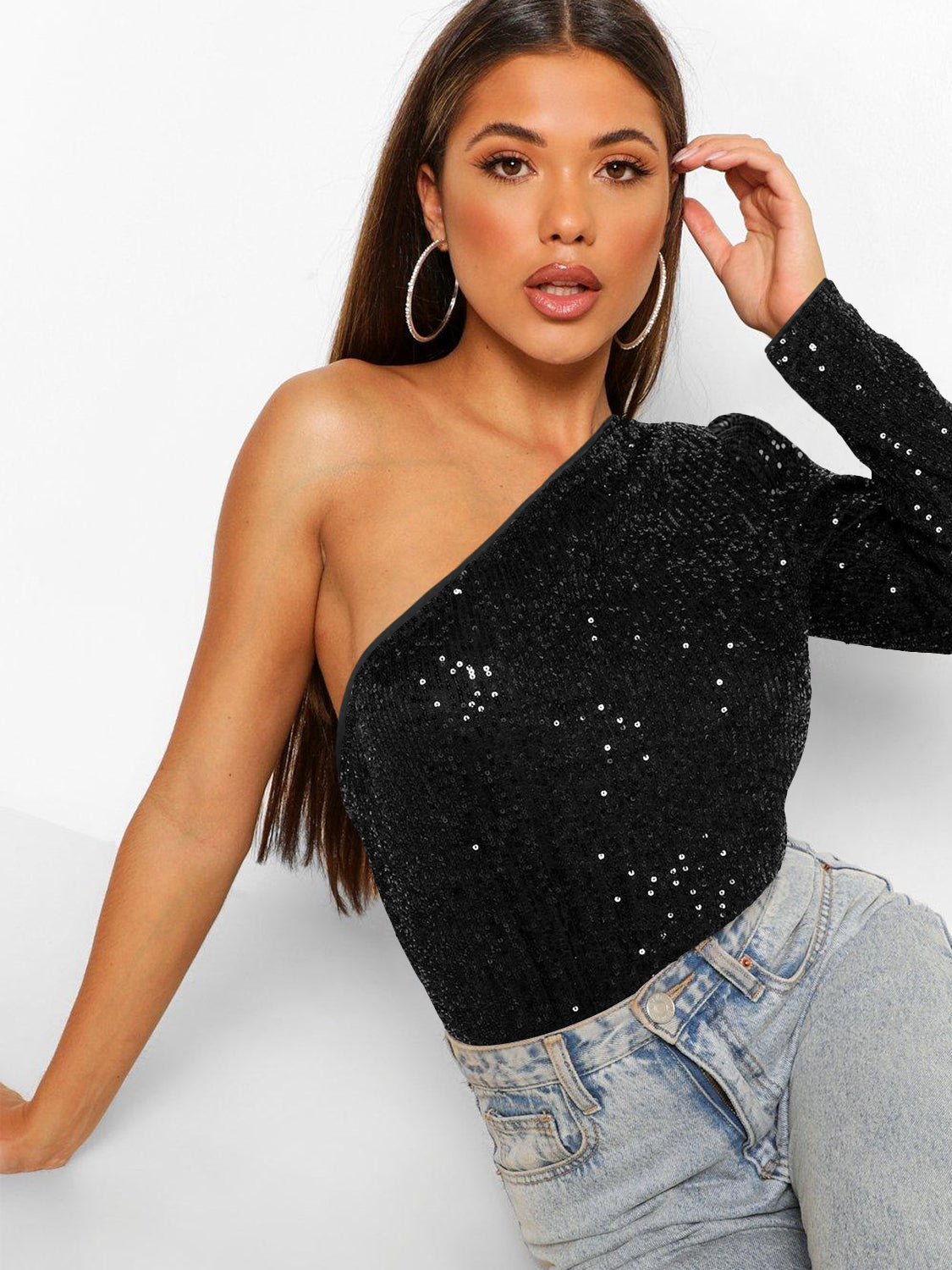 Janella Sequin One-Shoulder Bodysuit - Black