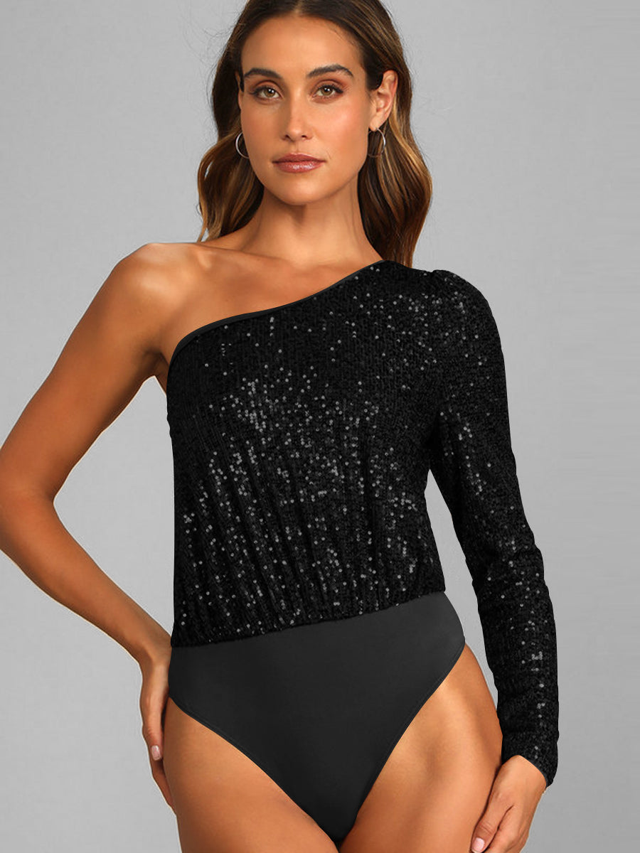 Janella Sequin One-Shoulder Bodysuit - Black