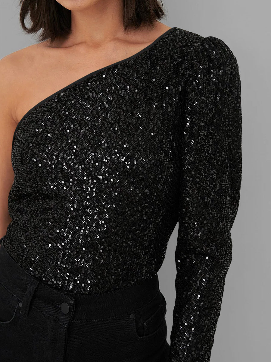 Janella Sequin One-Shoulder Bodysuit - Black