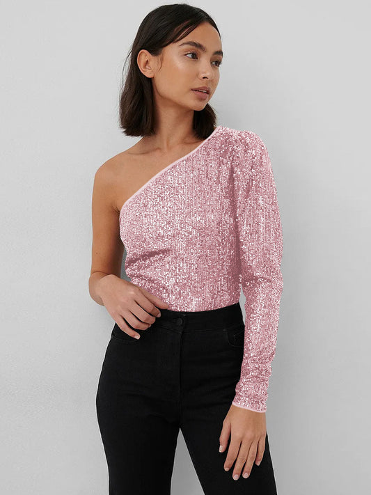 Janella Sequin One-Shoulder Bodysuit - Pink