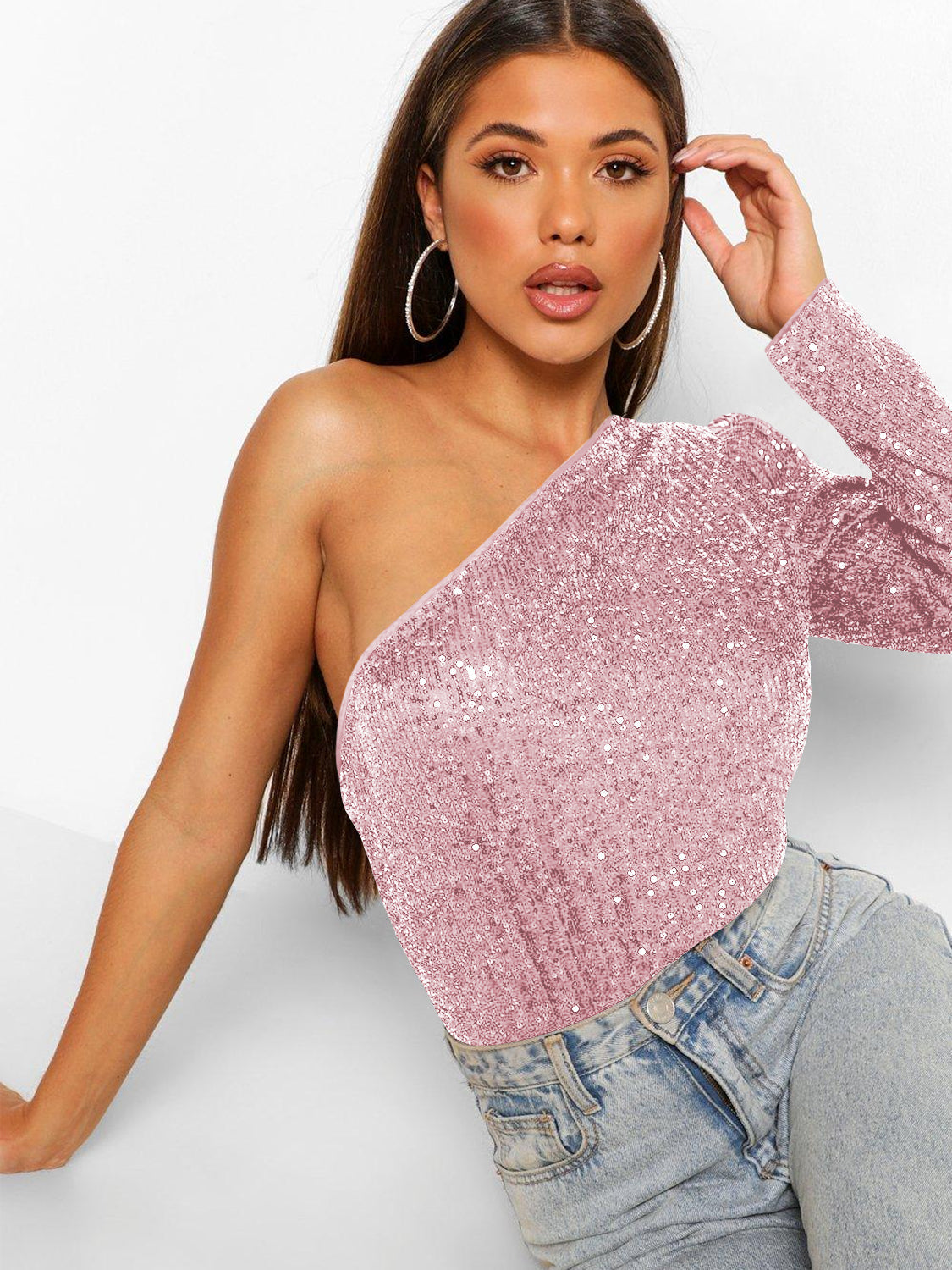 Janella Sequin One-Shoulder Bodysuit - Pink