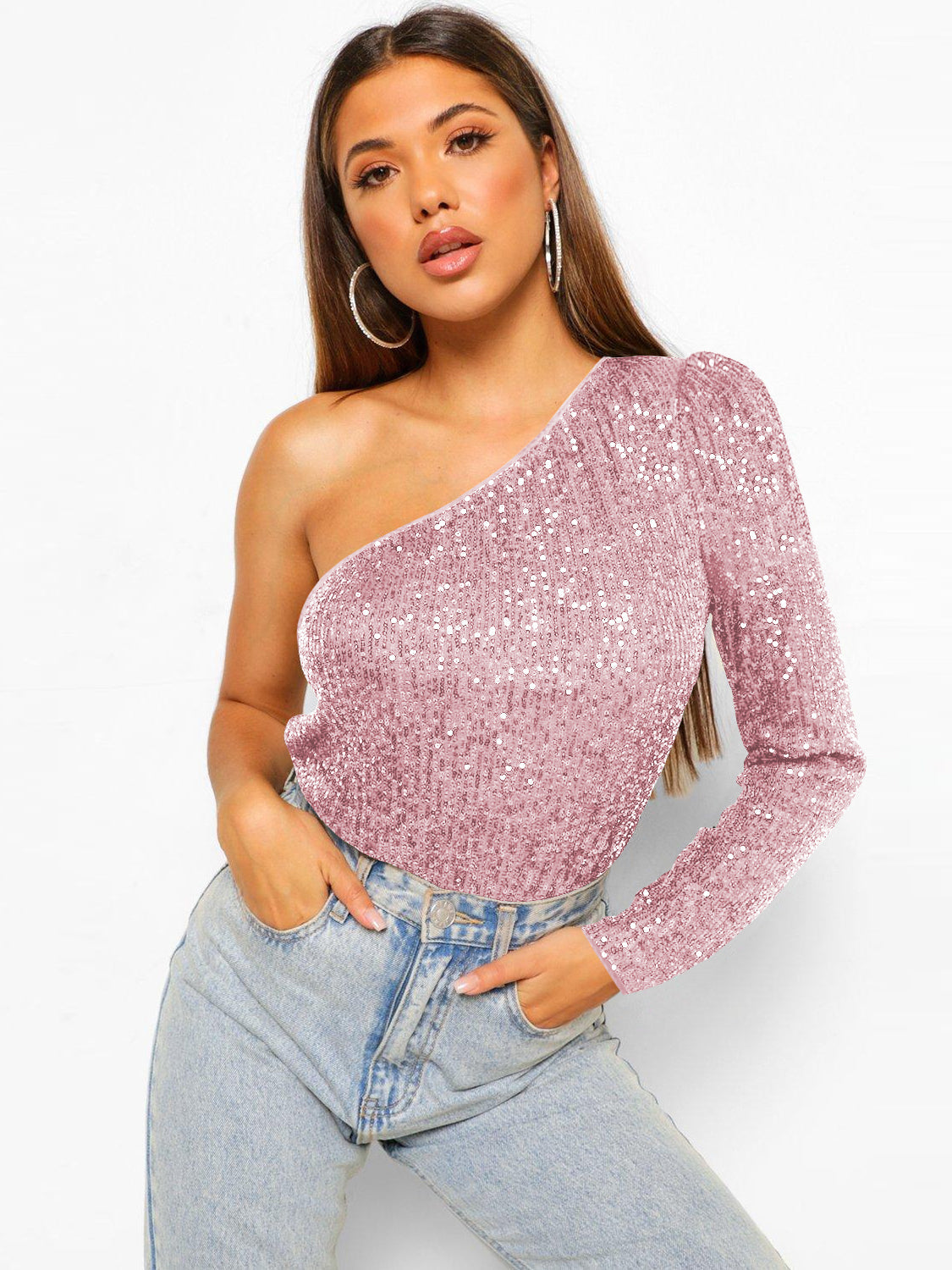 Janella Sequin One-Shoulder Bodysuit - Pink