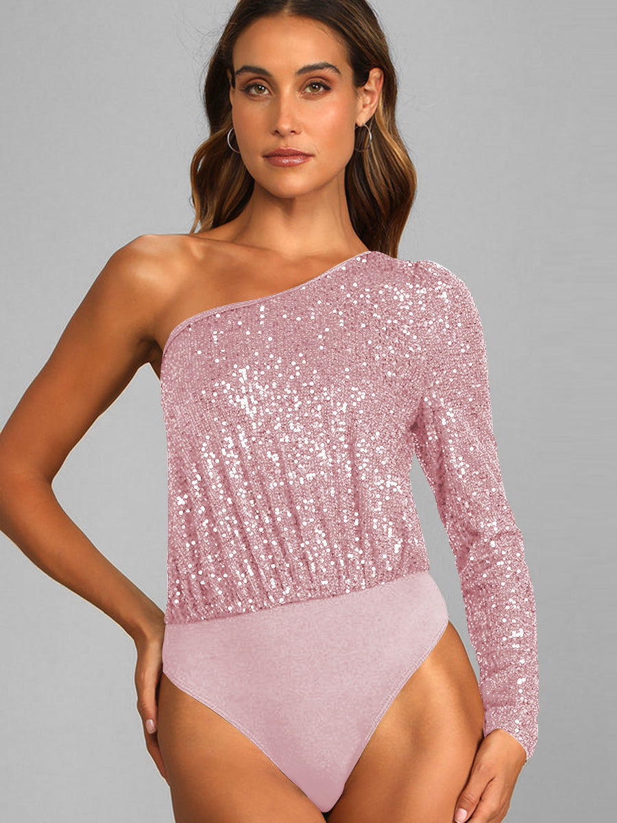 Janella Sequin One-Shoulder Bodysuit - Pink