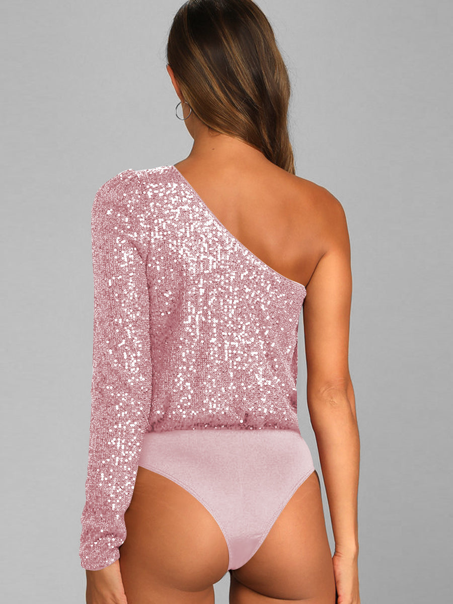 Janella Sequin One-Shoulder Bodysuit - Pink