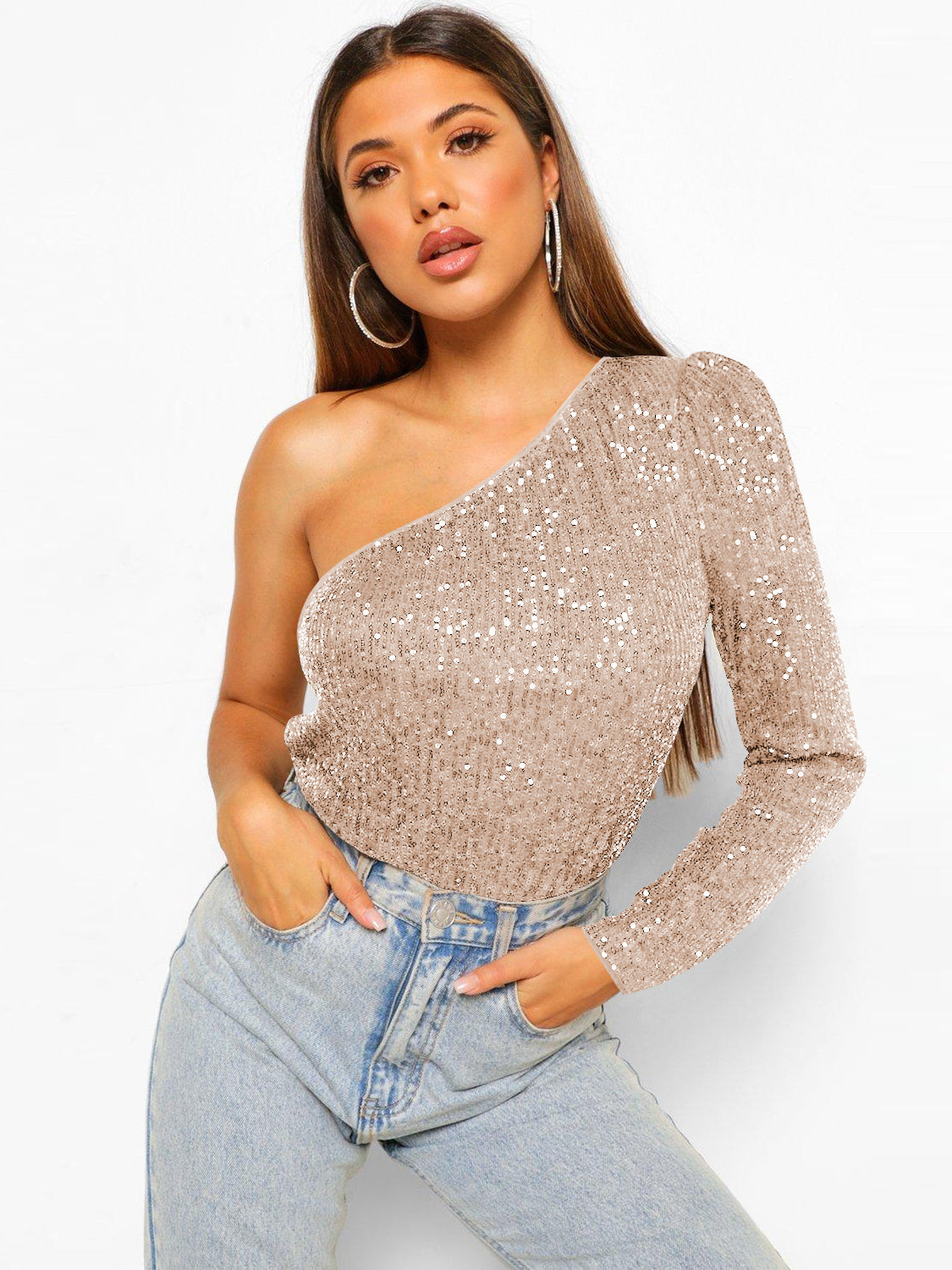 Janella Sequin One-Shoulder Bodysuit - Champagne