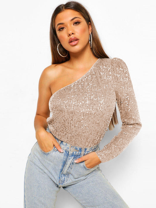 Janella Sequin One-Shoulder Bodysuit - Champagne