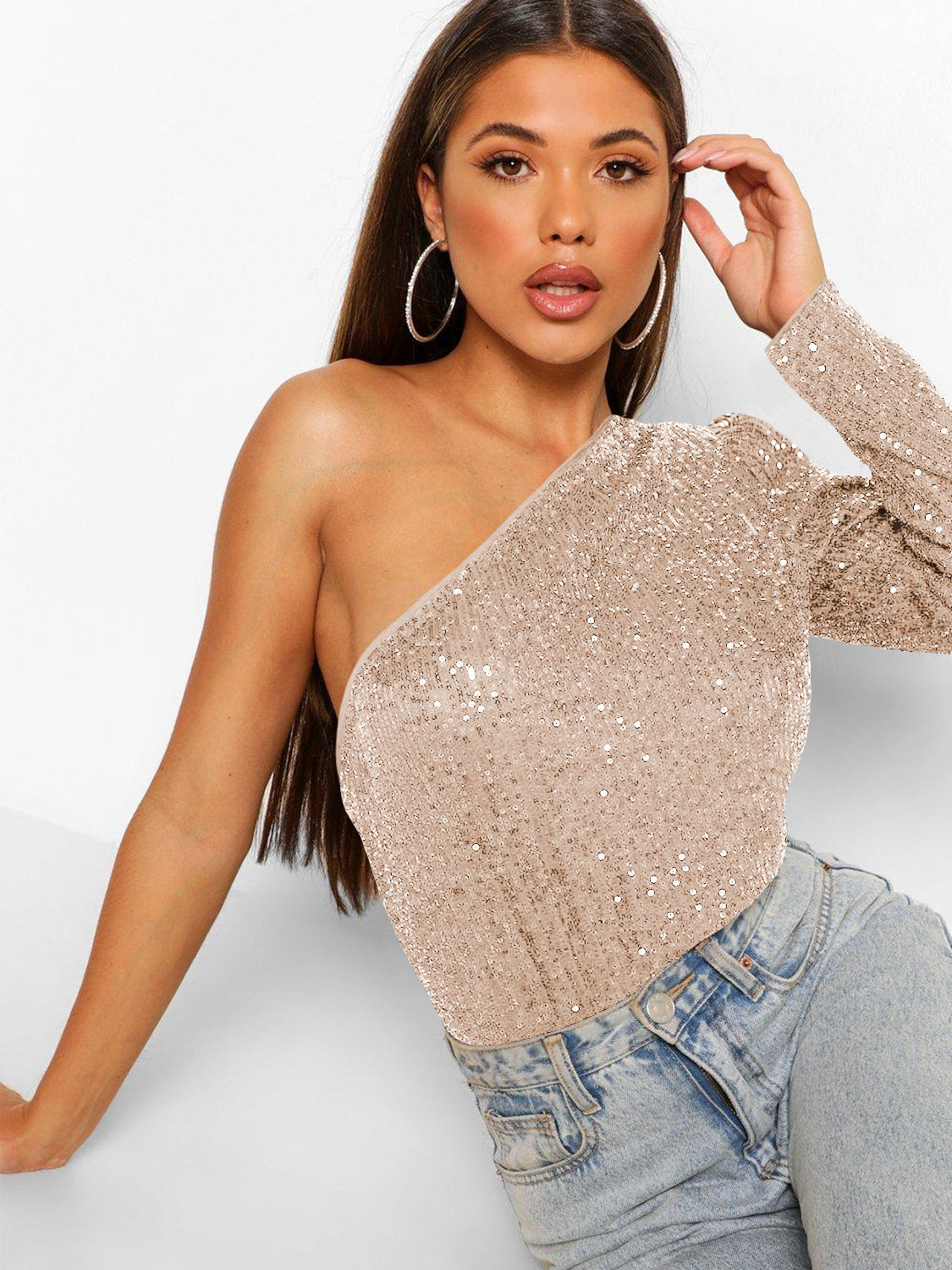Janella Sequin One-Shoulder Bodysuit - Champagne