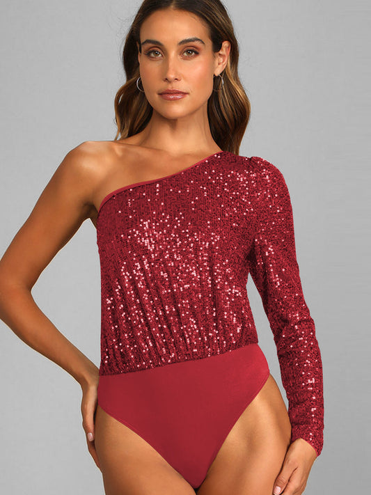 Janella Sequin One-Shoulder Bodysuit - Red