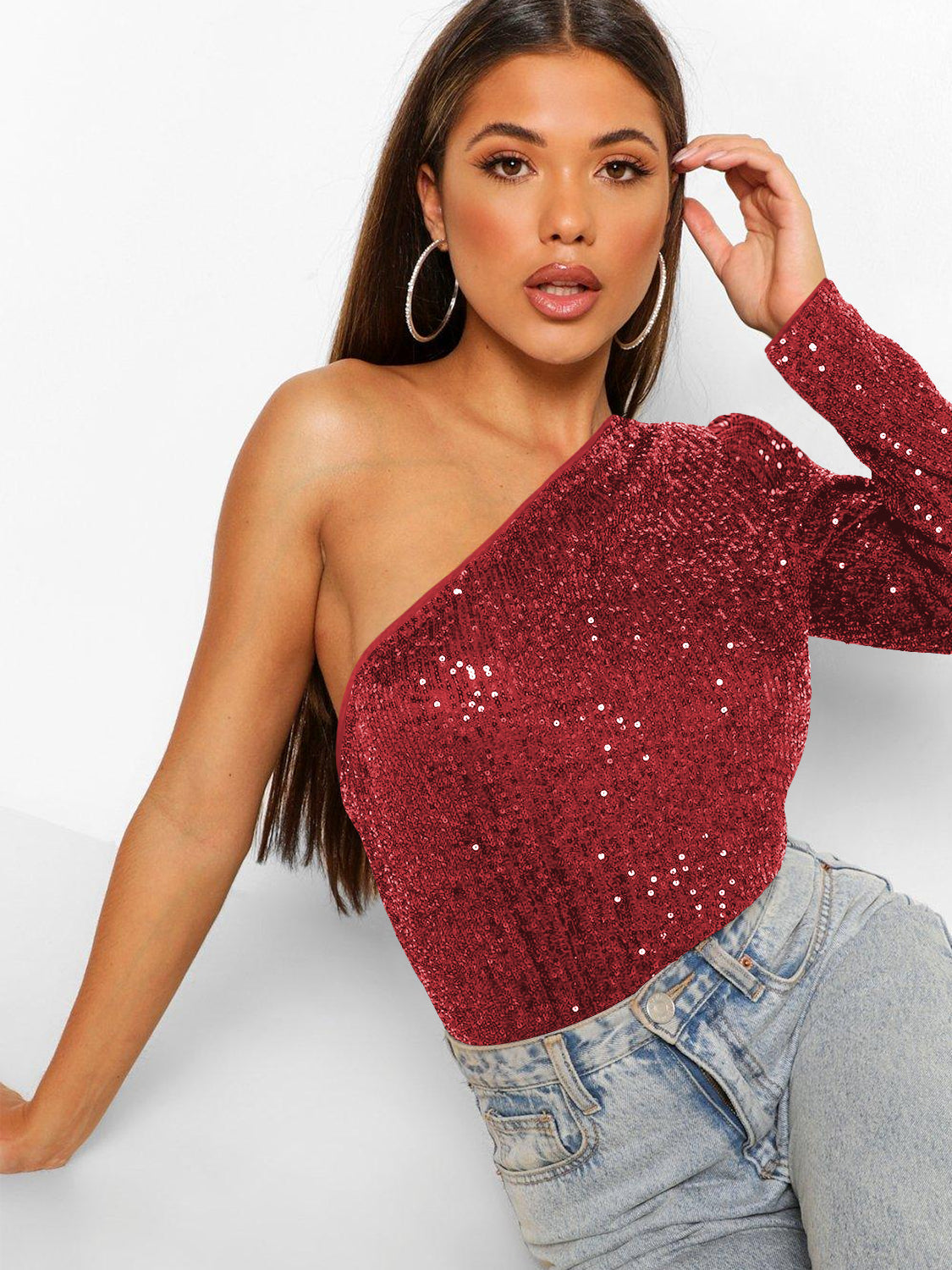 Janella Sequin One-Shoulder Bodysuit - Red