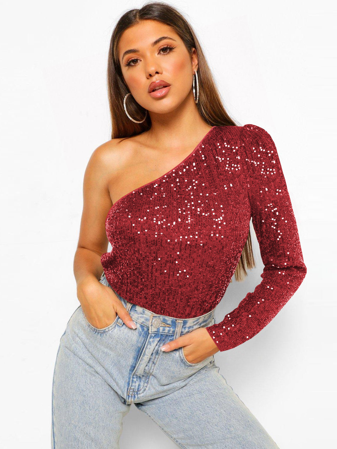 Janella Sequin One-Shoulder Bodysuit - Red
