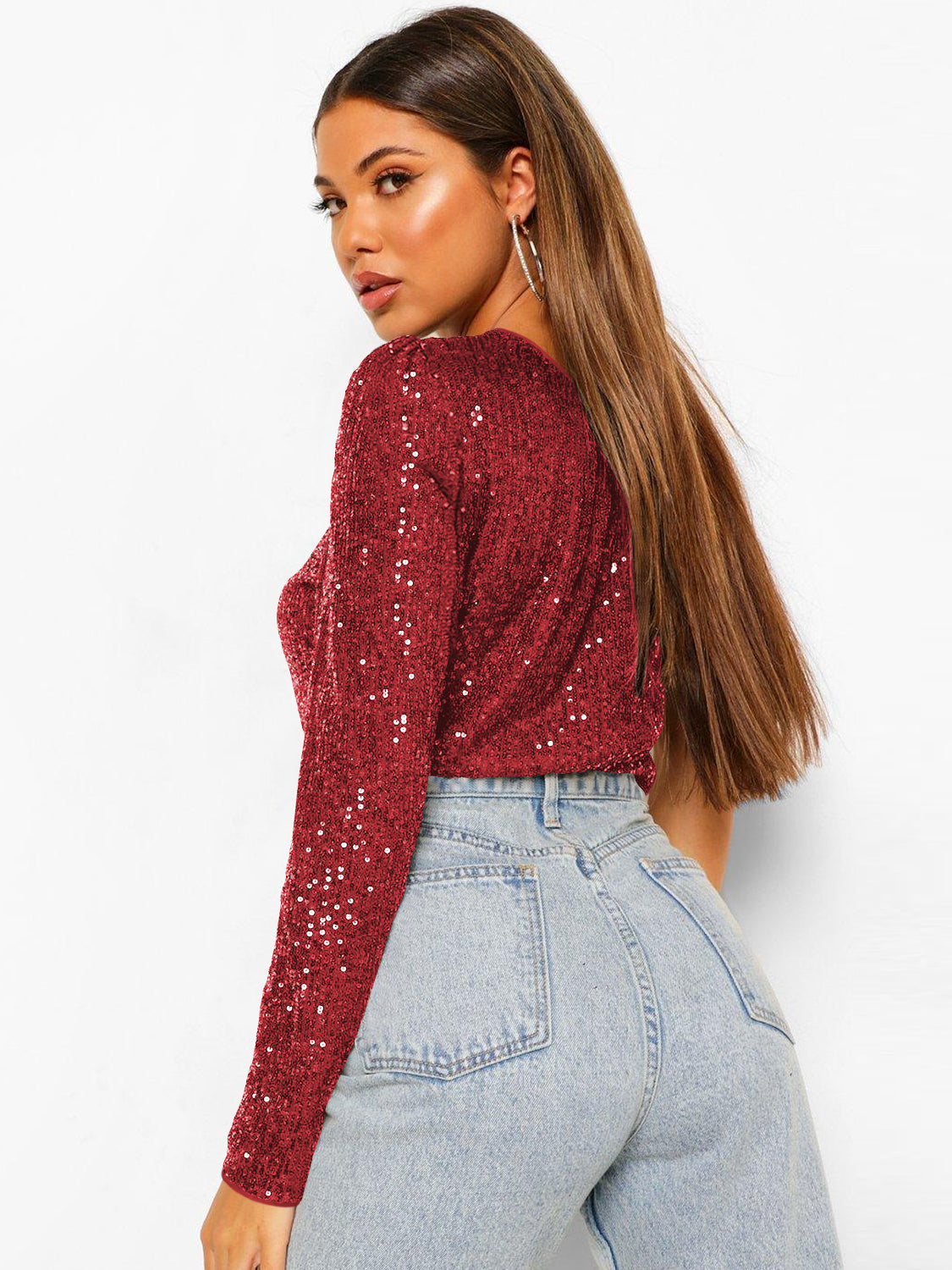 Janella Sequin One-Shoulder Bodysuit - Red