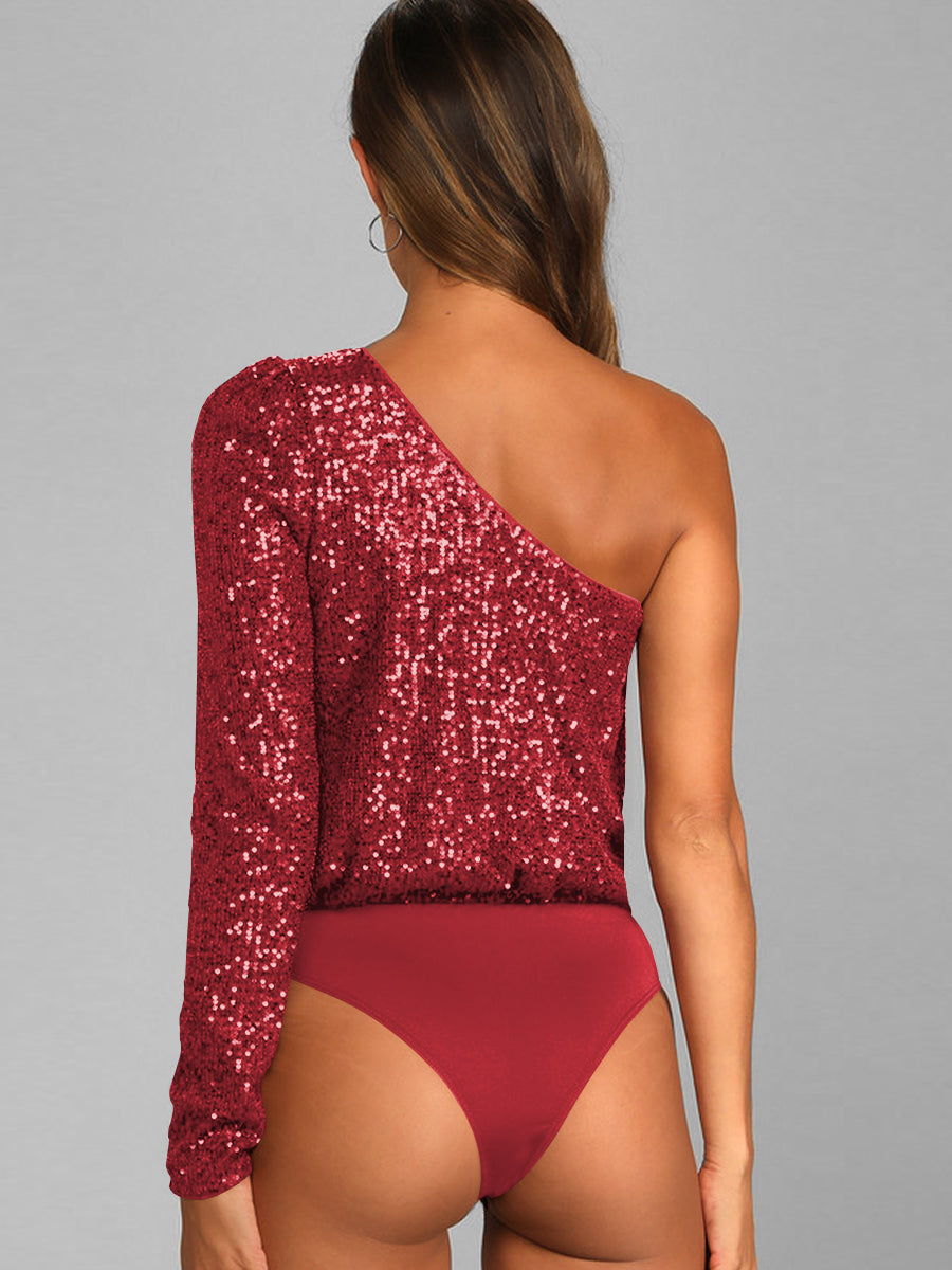 Janella Sequin One-Shoulder Bodysuit - Red