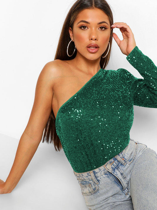 Janella Sequin One-Shoulder Bodysuit - Emerald