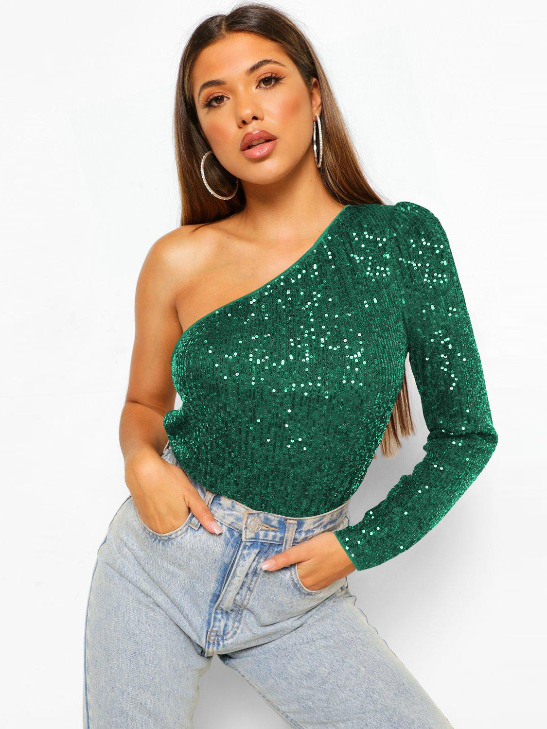 Janella Sequin One-Shoulder Bodysuit - Emerald