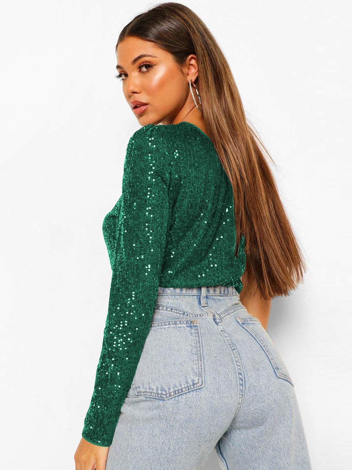 Janella Sequin One-Shoulder Bodysuit - Emerald